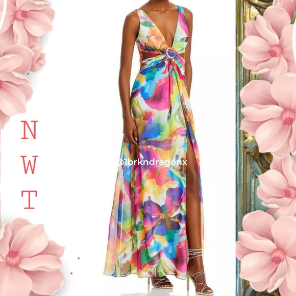 NWT Cut Out Dress Tropical Beach Tye-Die Floral Floor Length Dress A-Line Slit - Picture 4 of 16